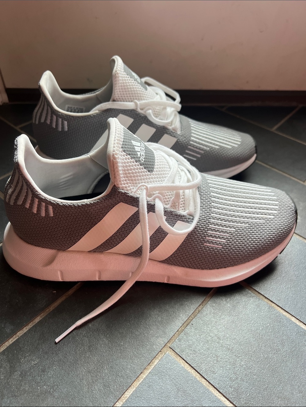 adidas Mens Grey and White Knit Running Shoes